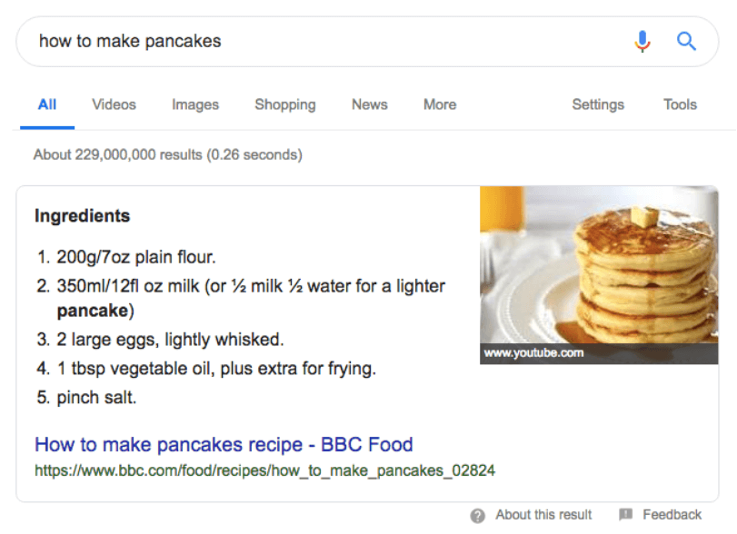 featured snippet example in google