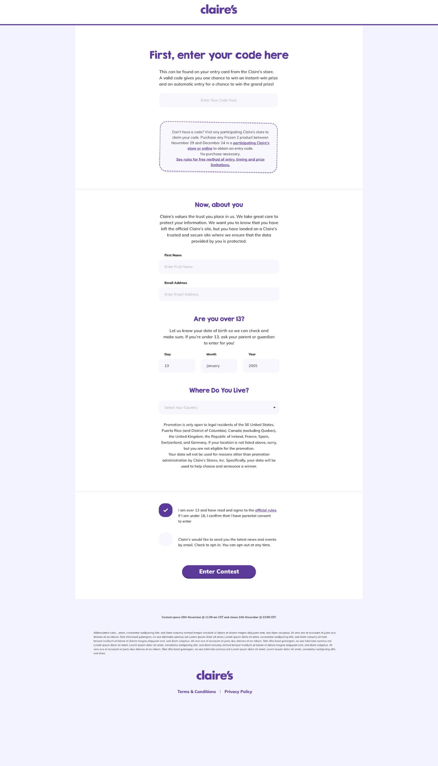 Claire's Frozen competition form