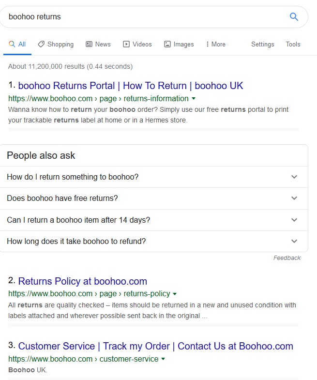 SERP Result for query boohoo returns