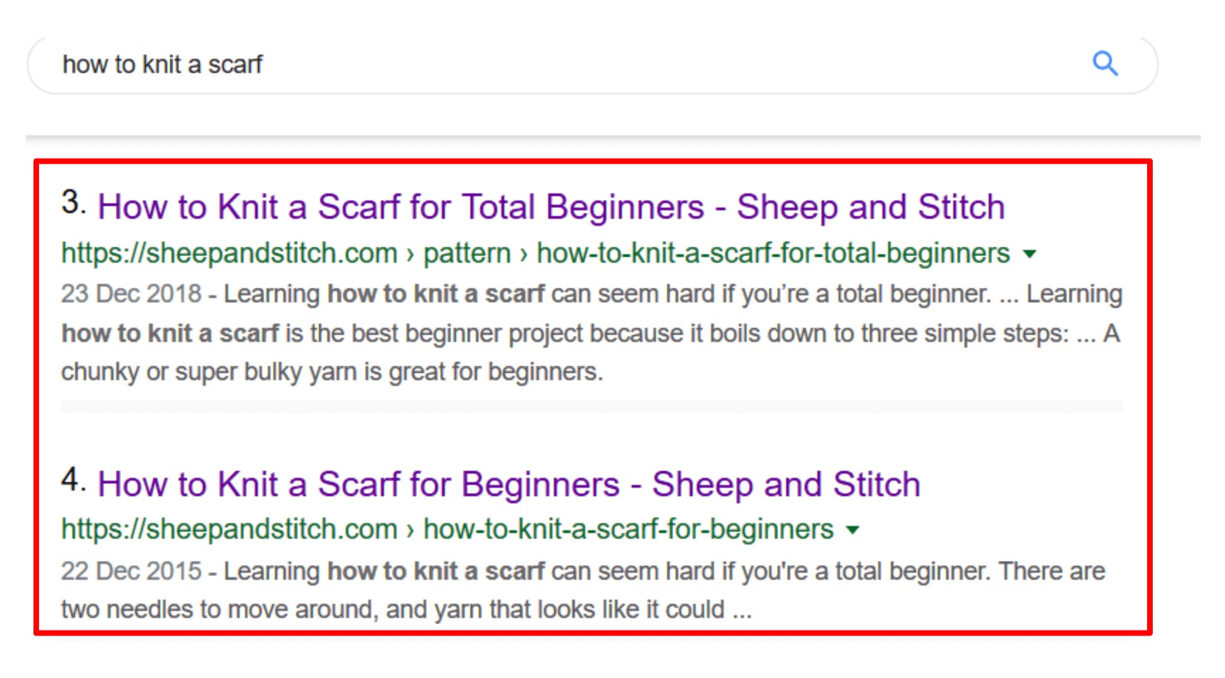 SERP Result how to knit a scarf