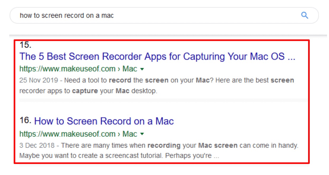 SERP Result for screen recorder query on mac