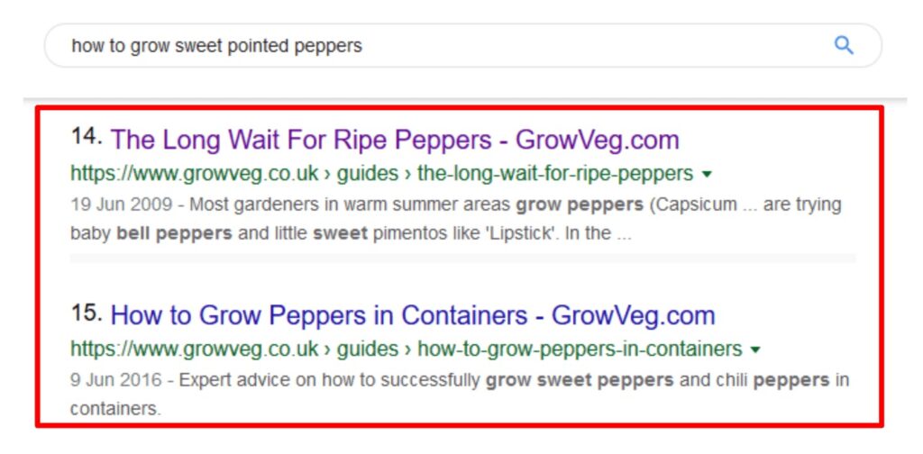 sweet pointed peppers SERP result