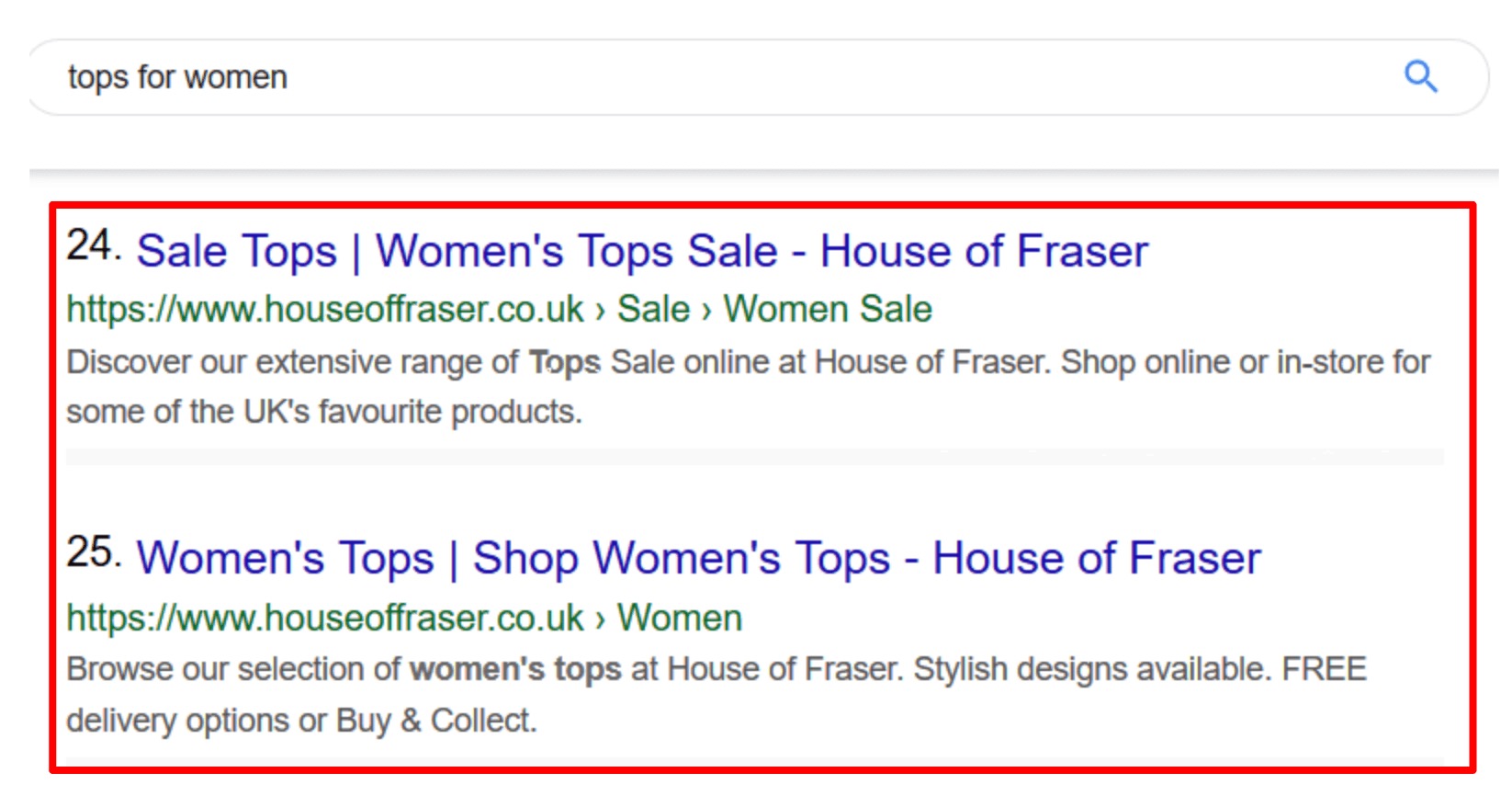 SERP result for tops for women