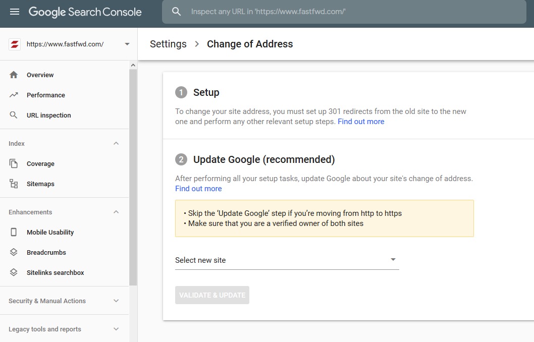 Google Search Console change of address tool