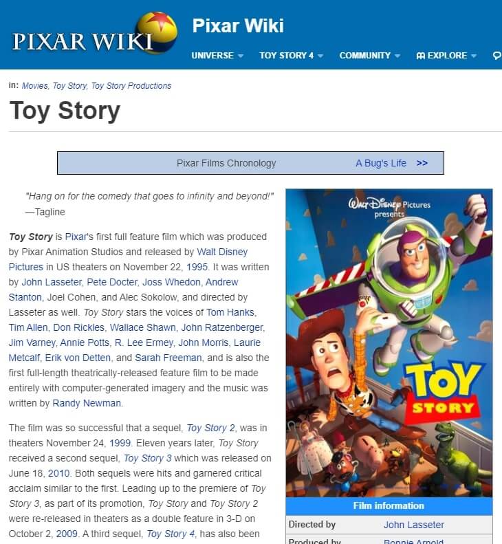 long form content example - toy story wiki