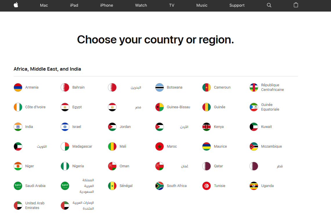 country selector page apple example