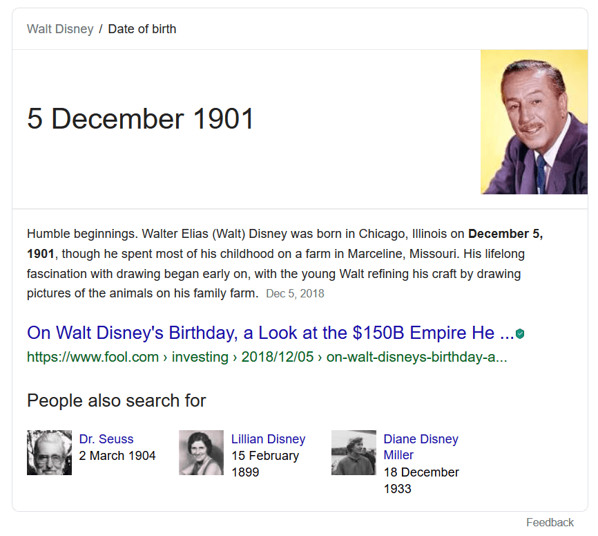 Google Featured Snippet Example 2020 - Walt Disney