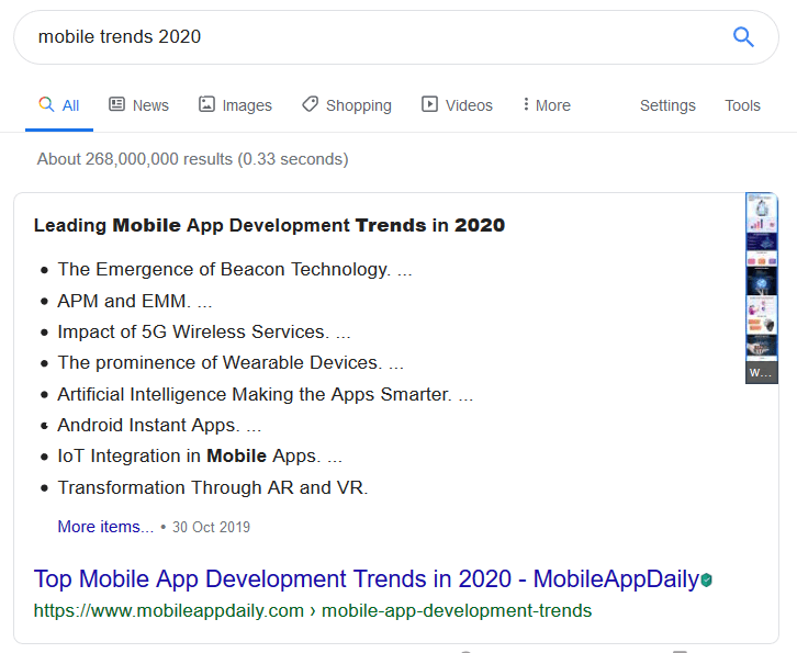 Trends Bulleted Point Featured Snippet Example